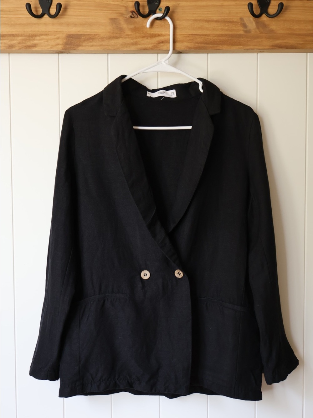Mango Linen Black Double-Breasted Women's Blazer Women’s XS Wooden Buttons